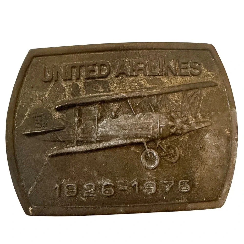 Vintage United Airlines 50th Anniversary Belt Buckle 1926-1976 Biplane Brass
